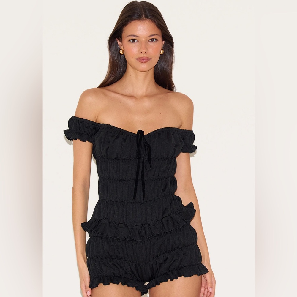 Black Extreme Ruched Bardot Romper